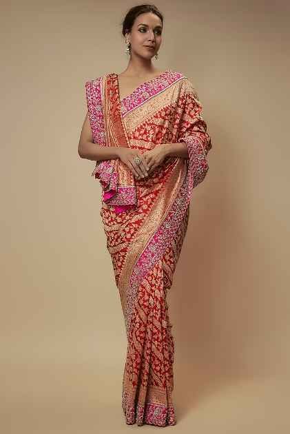 Red Banarasi Silk Zardosi Embroidered Saree Set