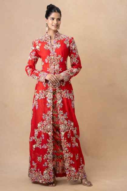 Red floral embellished jacket set