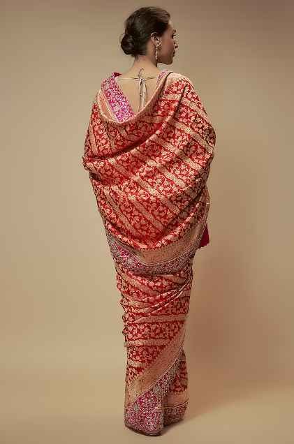 Red Banarasi Silk Zardosi Embroidered Saree Set - Image 2