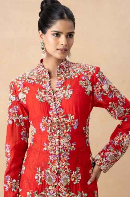 Red floral embellished jacket set - Image 3