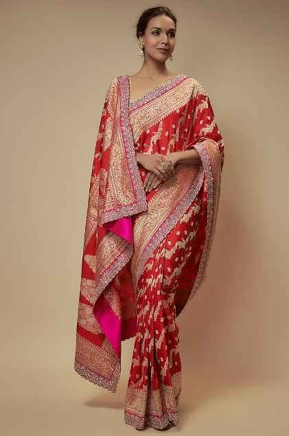Red Banarasi Silk Zardosi Embroidered Handwoven Saree Set