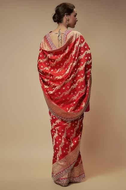 Red Banarasi Silk Zardosi Embroidered Handwoven Saree Set - Image 2
