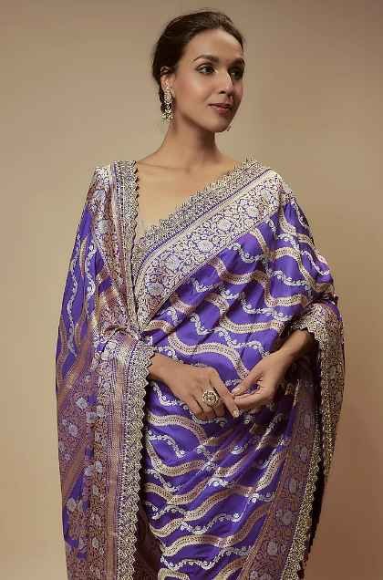 Purple Banarasi Silk Zardosi Embroidered Handwoven Saree Set - Image 3