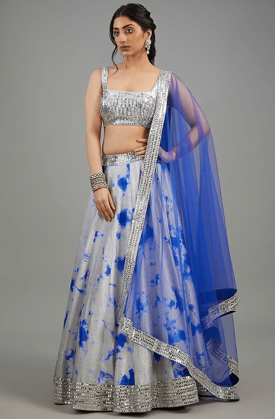 Grey & Blue Raw Silk Tie-Dyed Lehenga Set