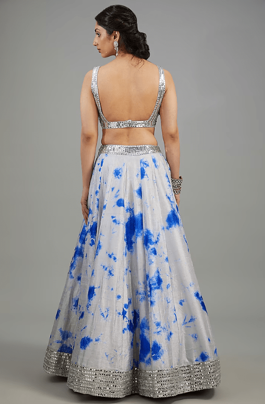 Grey & Blue Raw Silk Tie-Dyed Lehenga Set - Image 2