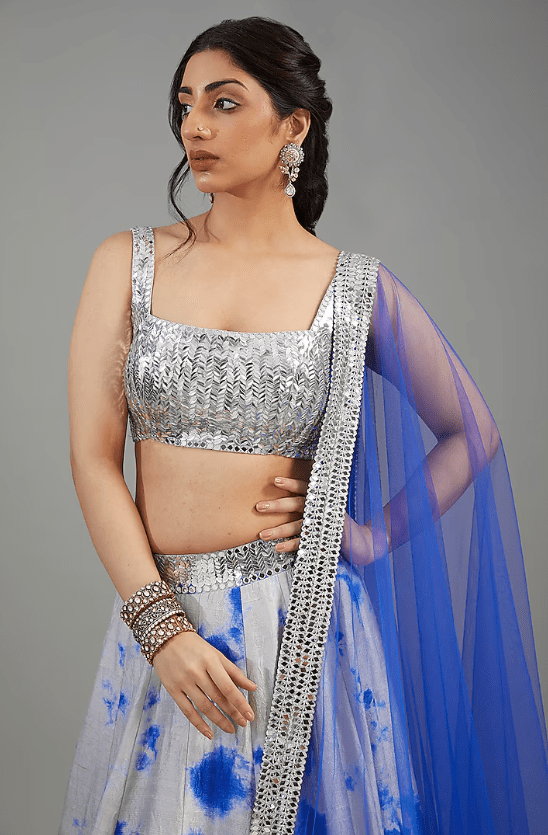Grey & Blue Raw Silk Tie-Dyed Lehenga Set - Image 3