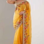 Mustard Organza Thread Embroidered Saree Set