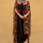 Brown embellished chiffon cape & dress