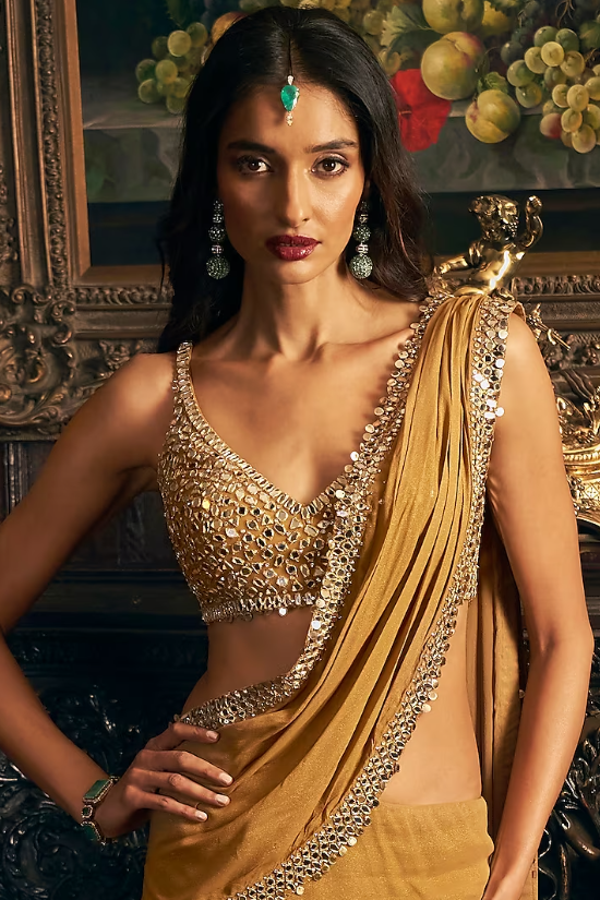 Gold Georgette Mirror Embroidered Pre-Stitched Saree Set - Image 2
