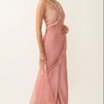 Peach Pink Pure Silk & Net Draped Pant Saree Set