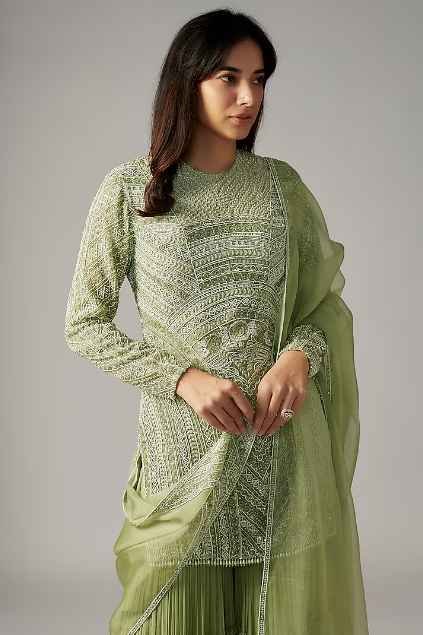 Mint Green Viscose & Organza Sharara Set - Image 4