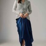 Navy Blue Organza Embroidered Jacket Set