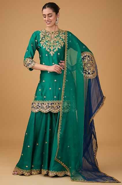 Emerald Green Pure Spun Silk Marori & Applique Embroidered Sharara Set