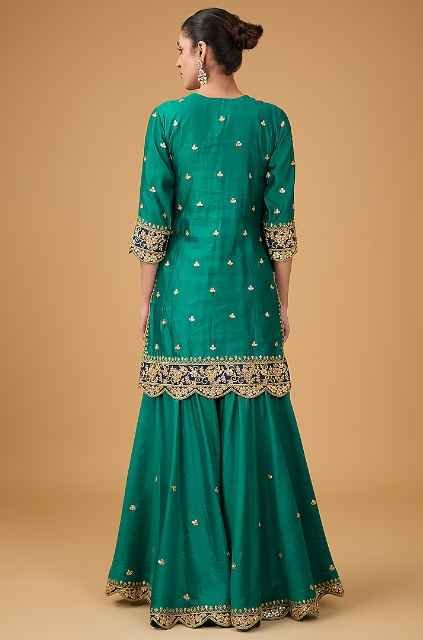 Emerald Green Pure Spun Silk Marori & Applique Embroidered Sharara Set - Image 2