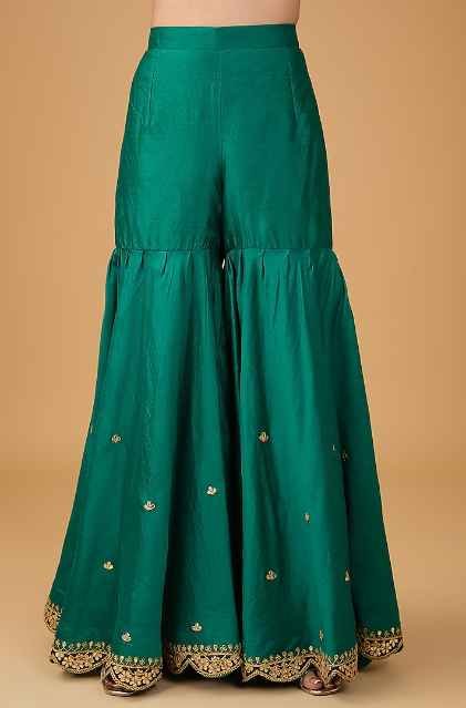 Emerald Green Pure Spun Silk Marori & Applique Embroidered Sharara Set - Image 3