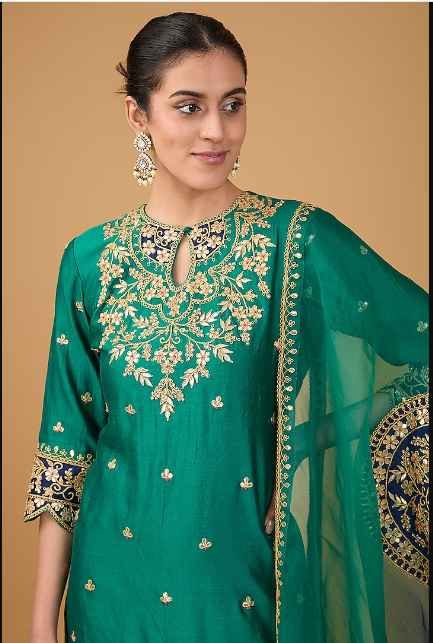 Emerald Green Pure Spun Silk Marori & Applique Embroidered Sharara Set - Image 4
