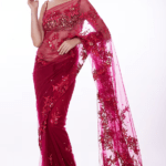 Ruby Pink Net Floral Hand Embroidered Saree Set