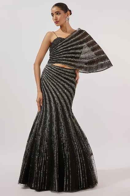 Black Net & Viscose Sequins Line Embroidered Lehenga Set