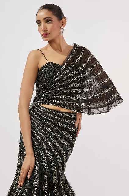 Black Net & Viscose Sequins Line Embroidered Lehenga Set - Image 3