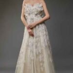 Off-White Net Floral Applique Embroidered Gown
