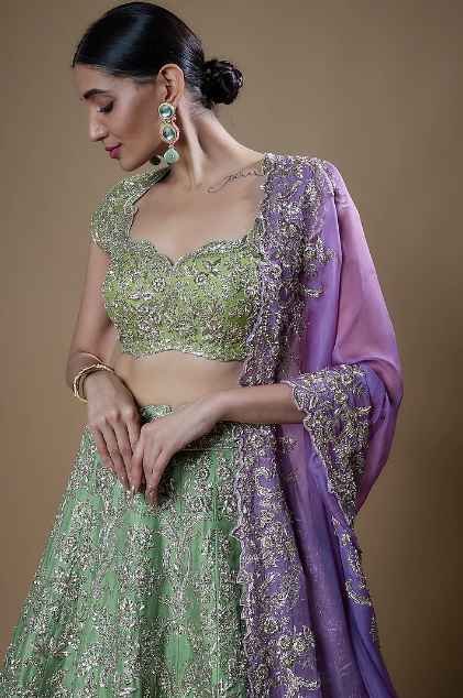 Mint Green Organza Embroidered Lehenga Set - Image 4