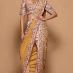 Mustard & Pink Tissue Embroidered Pre-Draped Saree Set