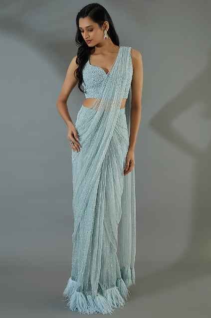 Powder Blue Embroidered Saree Set