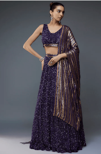 Purple Silk Chiffon Sequins Embroidered Lehenga Set