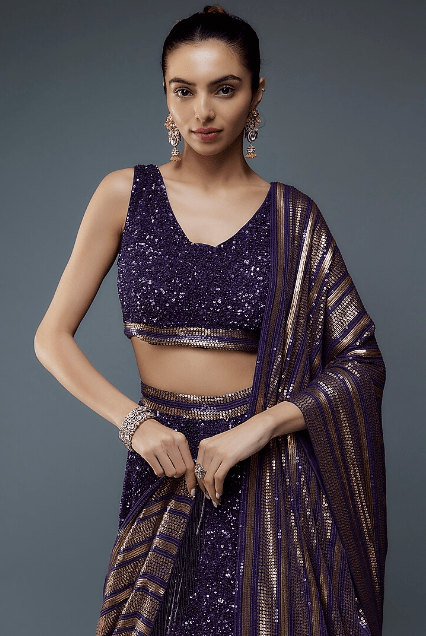 Purple Silk Chiffon Sequins Embroidered Lehenga Set - Image 4