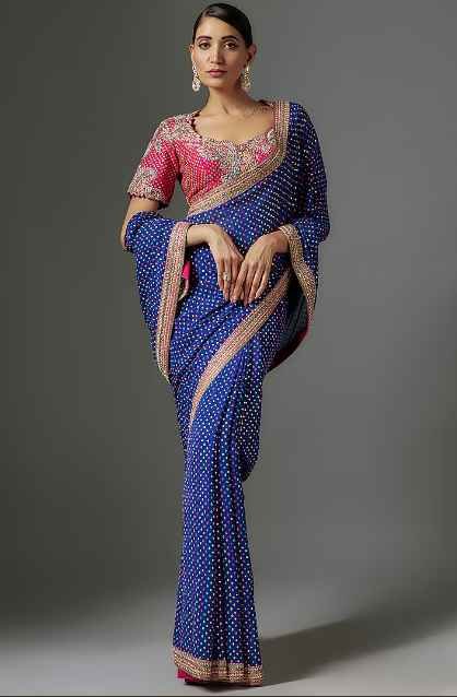 Royal Blue Georgette Hand Embroidered Saree Set