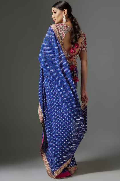 Royal Blue Georgette Hand Embroidered Saree Set - Image 2