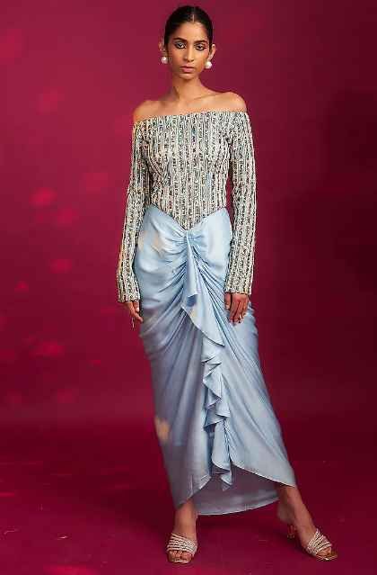 Powder Blue German Satin Bead Work Draped Dress  Lady Selection Inc