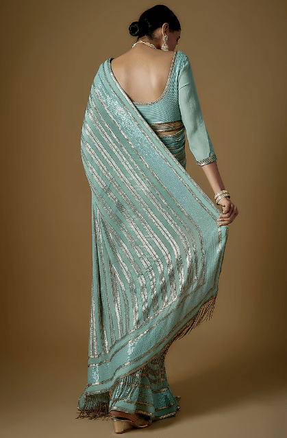 Porcelain Blue Chiffon Embroidered Saree Set - Image 2