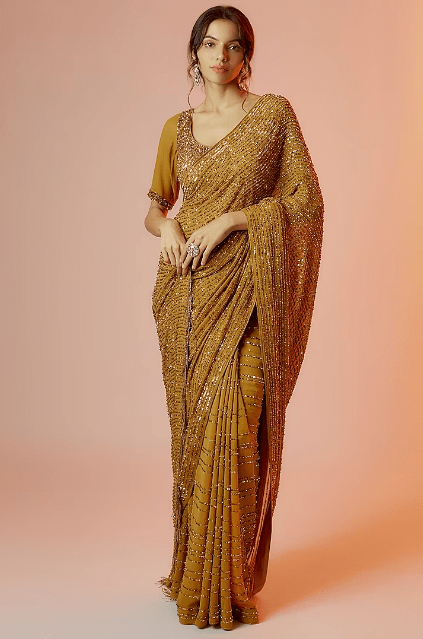 Gold Chiffon Embroidered Saree Set