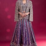 Purple Mashru Silk Embroidered & Ajrakh Striped Jacket Lehenga Set