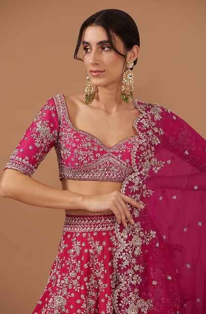 Red Raw Silk Embroidered Lehenga Set - Image 4