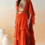 Fire Rust Embroidered Pre-Stitched Saree Set