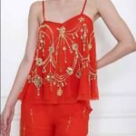 Flame Red Embellished Spaghetti Camisole