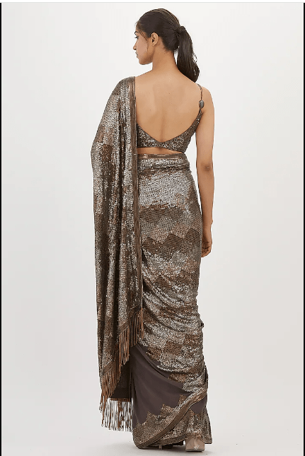 Charcoal Chiffon Sequins Saree Set - Image 2