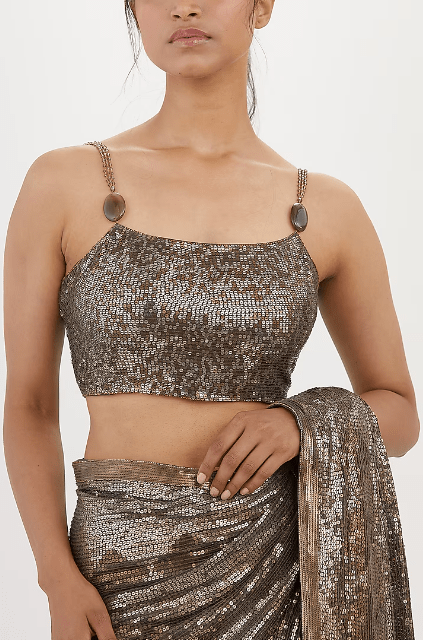 Charcoal Chiffon Sequins Saree Set - Image 3