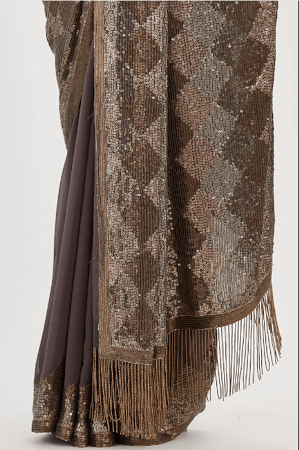 Charcoal Chiffon Sequins Saree Set - Image 4