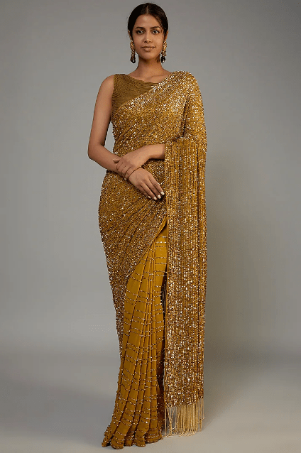 Gold Chiffon Embroidered Saree Set