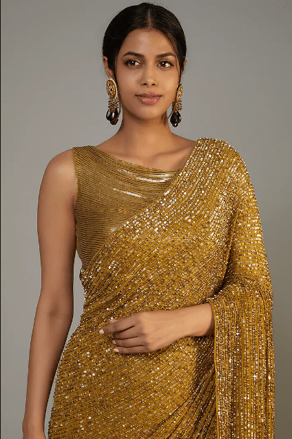 Gold Chiffon Embroidered Saree Set - Image 4