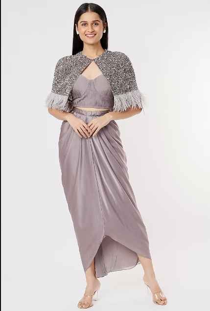 Stunning 3 Piece Drape Skirt With Asymmetric Hand Embroidered Cape main image 1