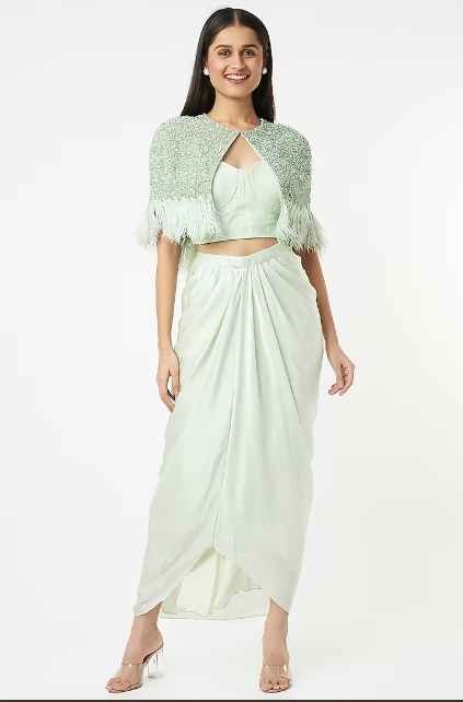 Mint Draped Skirt Set With Hand Embroidered Cape