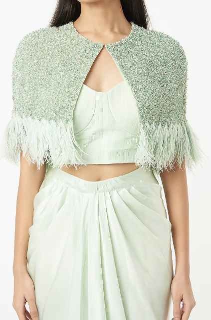 Mint Draped Skirt Set With Hand Embroidered Cape - Image 4