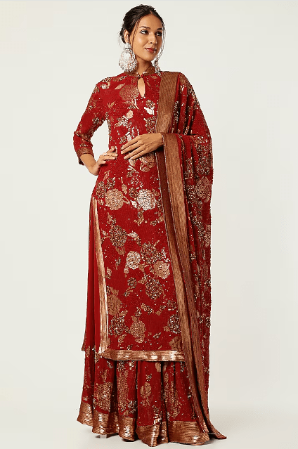 Red Sharara Set With Embroidery