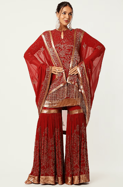 Red Embroidered Sharara Set