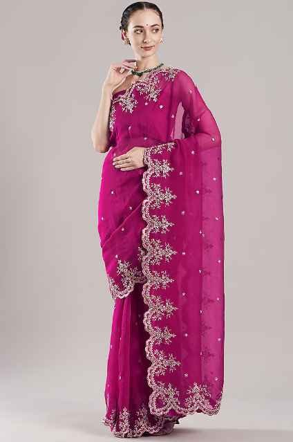 Deep Pink Embroidered Saree Set