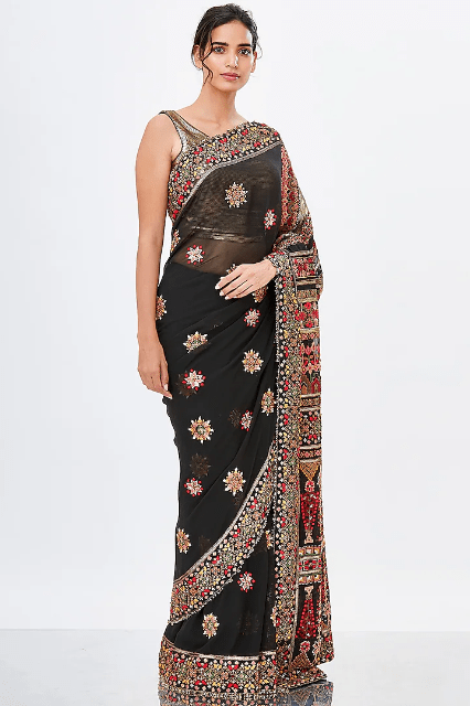 Black Embroidered Saree Set